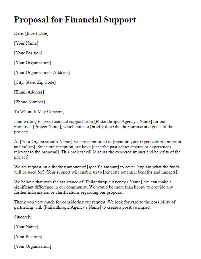 Letter template of proposal for financial support from philanthropic agencies.