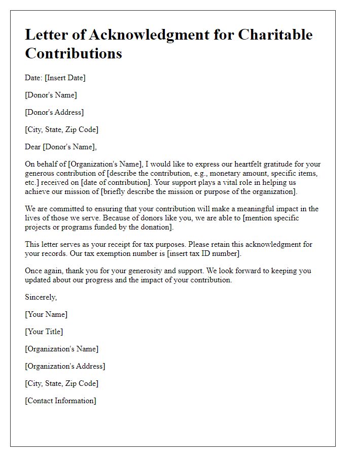 Letter template of acknowledgment for charitable contributions