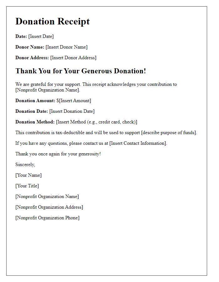 Letter template of donation receipt for nonprofit organizations