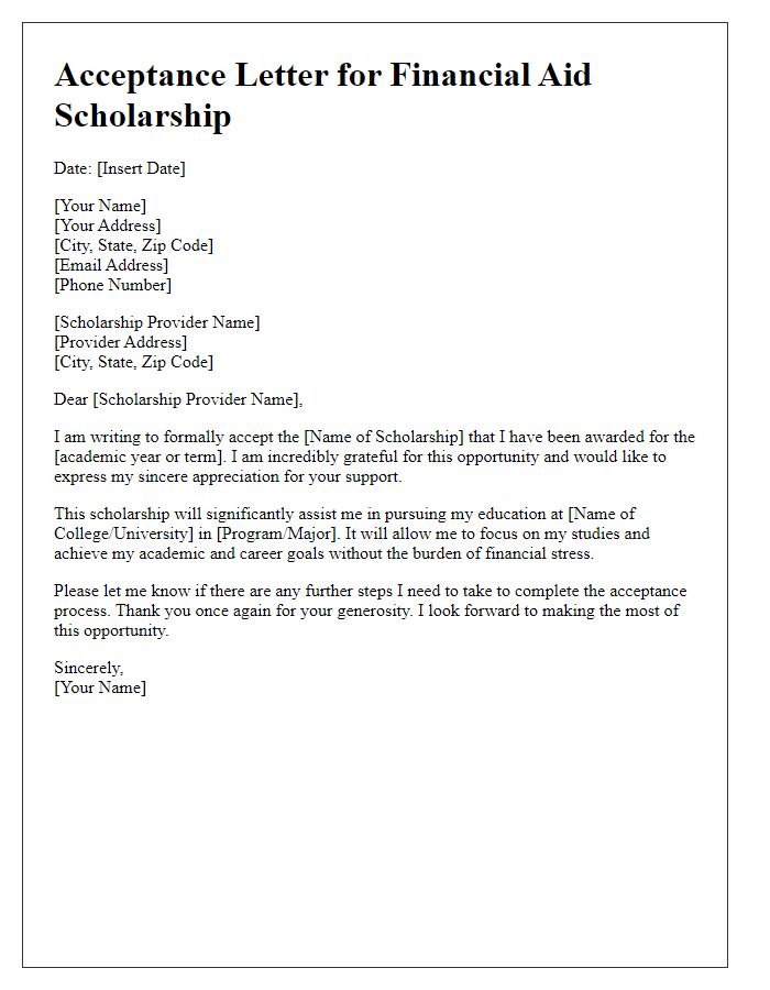 Letter template of acceptance for financial aid scholarship