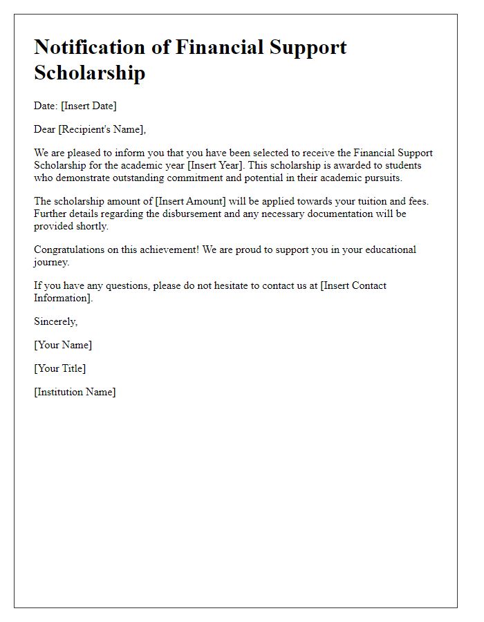 Letter template of notification for financial support scholarship