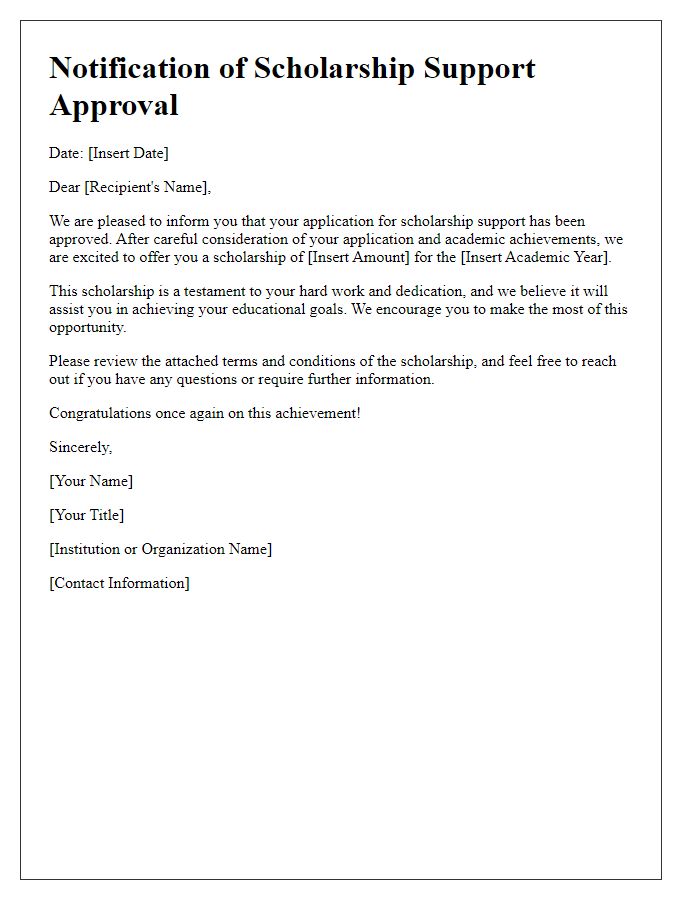 Letter template of notification for scholarship support approval