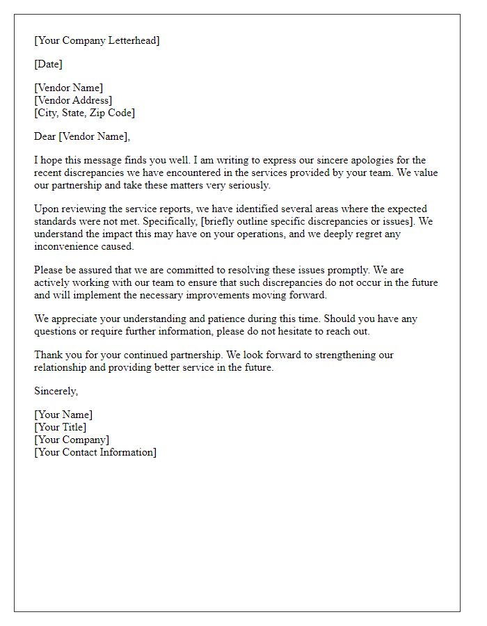 Letter template of contrition to a vendor for service discrepancies.