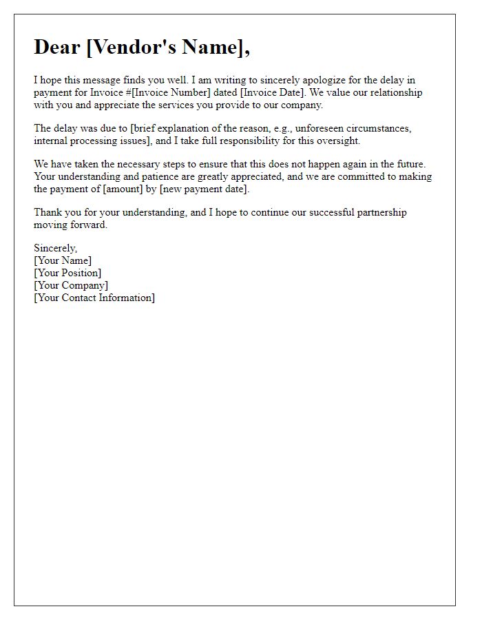 Letter template of sincere apology to a vendor for late payment.