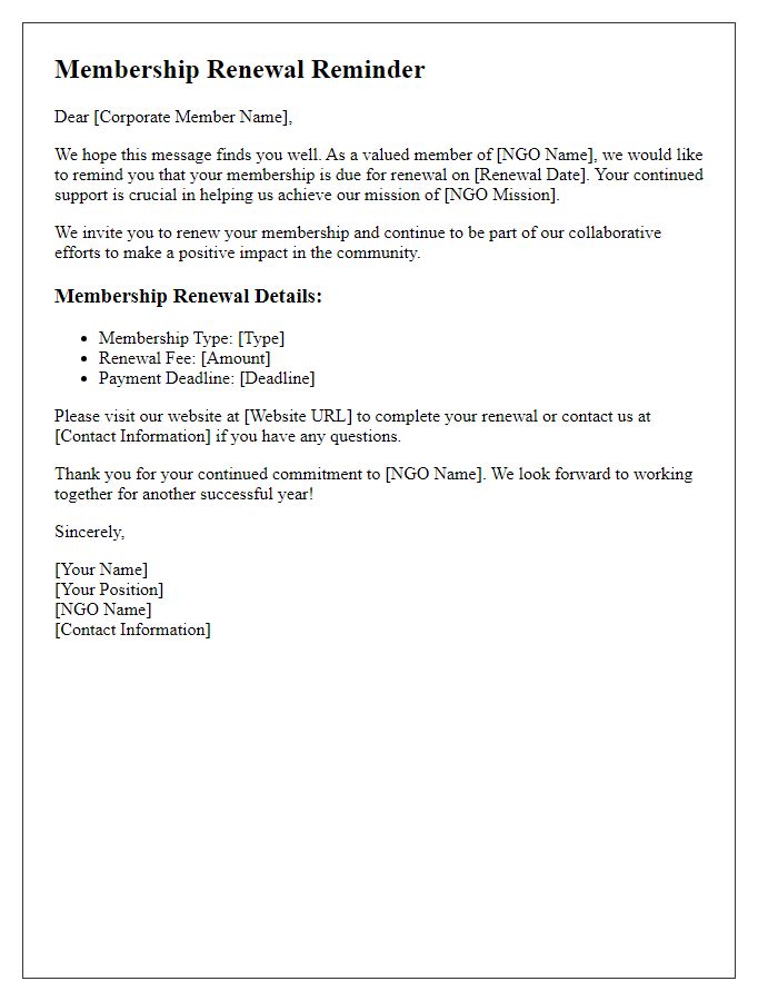 Letter template of NGO membership renewal reminder for corporate members.