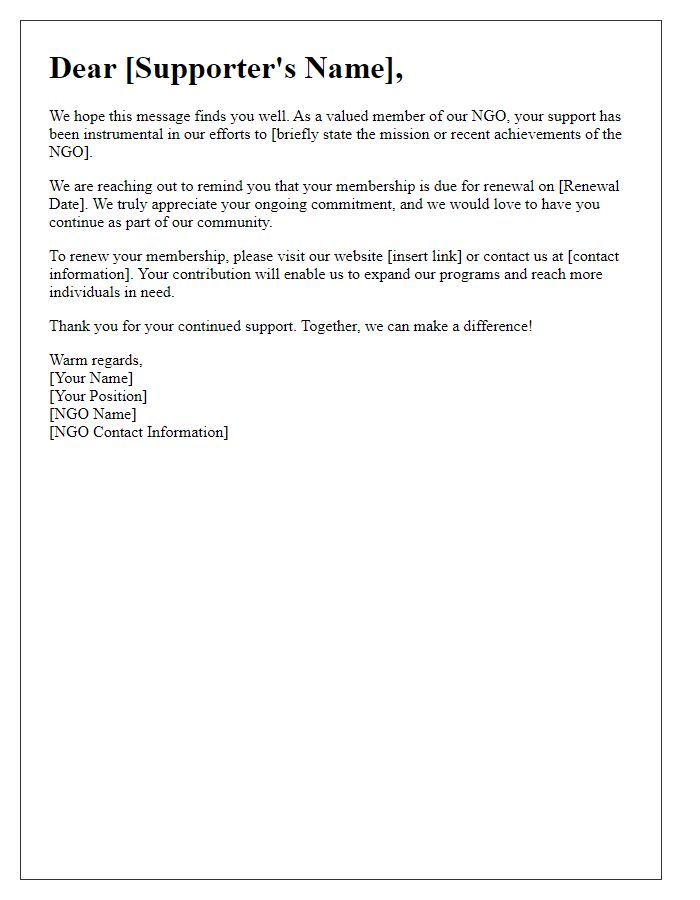 Letter template of NGO membership renewal reminder for international supporters.