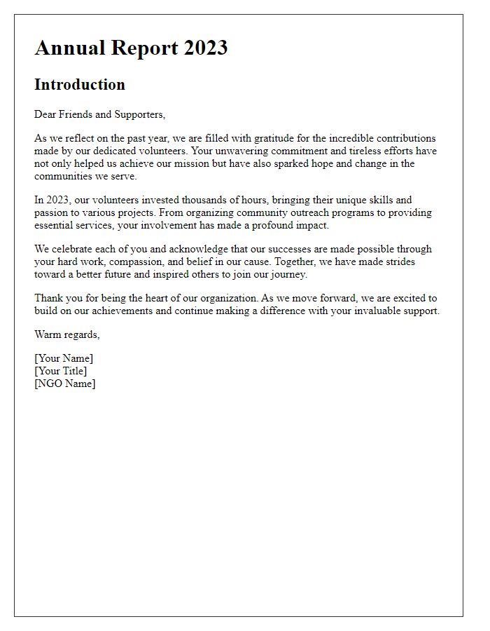 Letter template of NGO annual report introduction celebrating volunteer contributions.