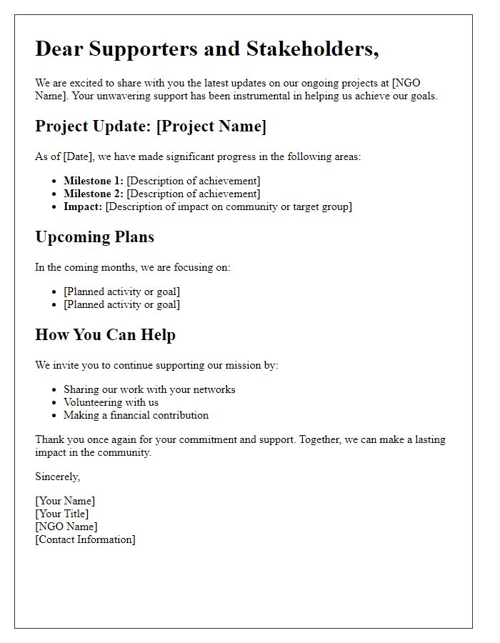 Letter template of project update for NGO stakeholders and supporters