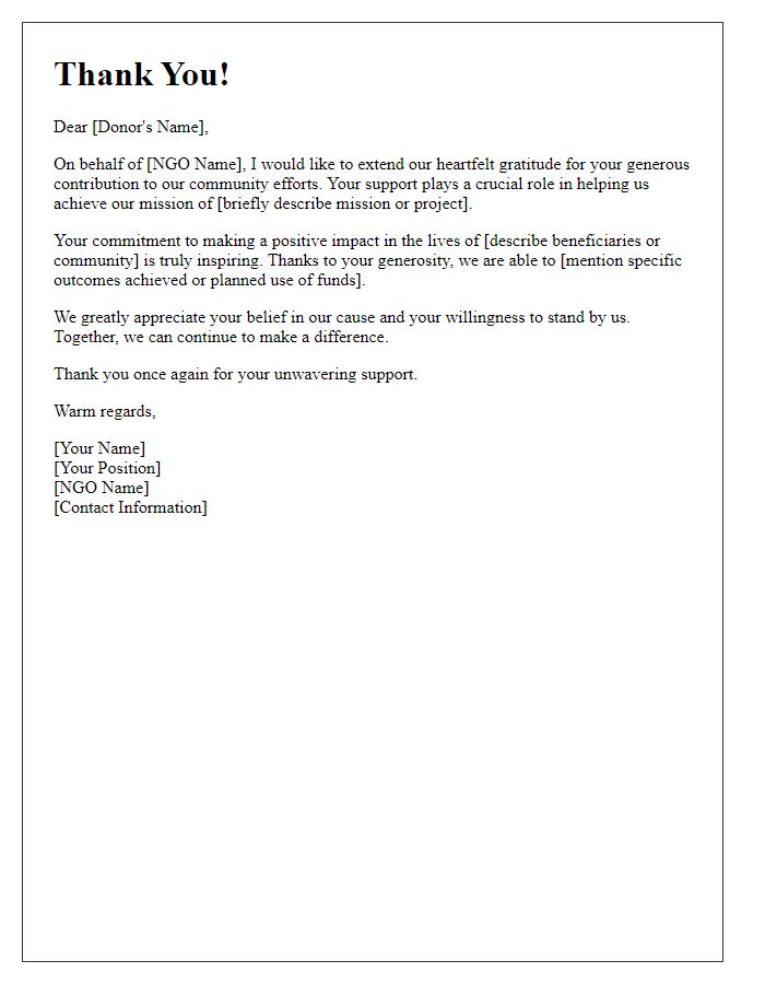 Letter template of thank you note for NGO community contributions