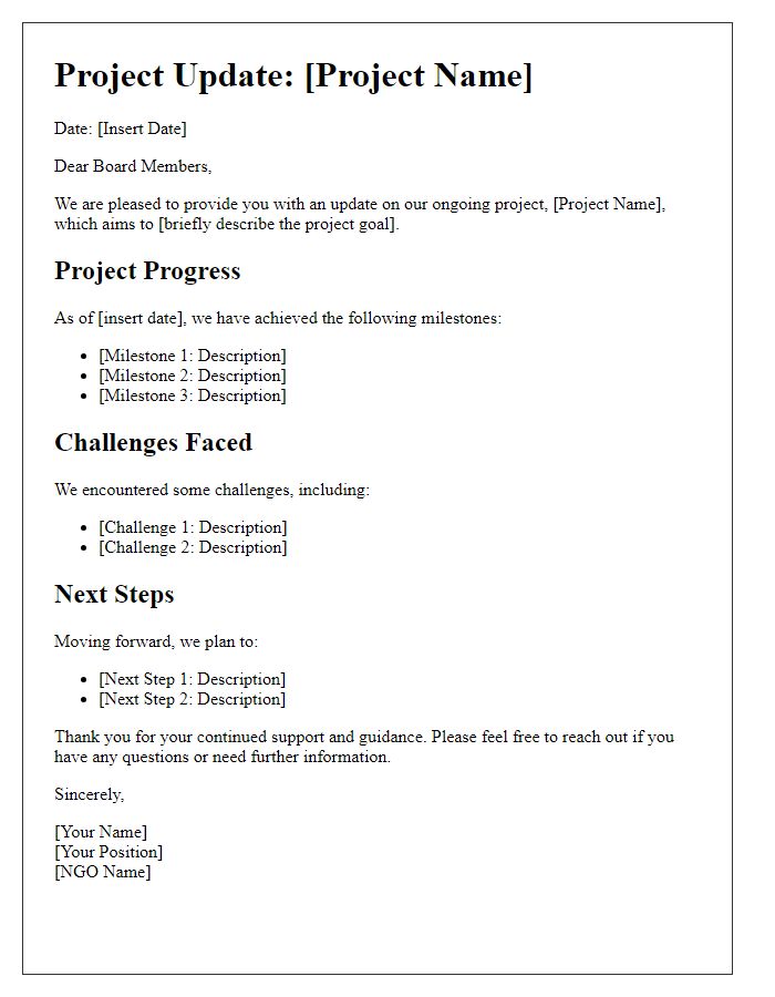 Letter template of NGO project update for board members