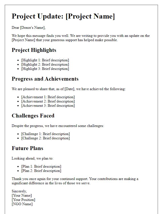 Letter template of NGO project update for donors