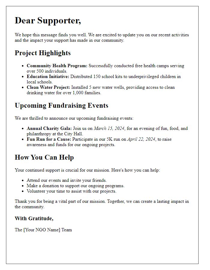 Letter template of NGO project update for fundraising events