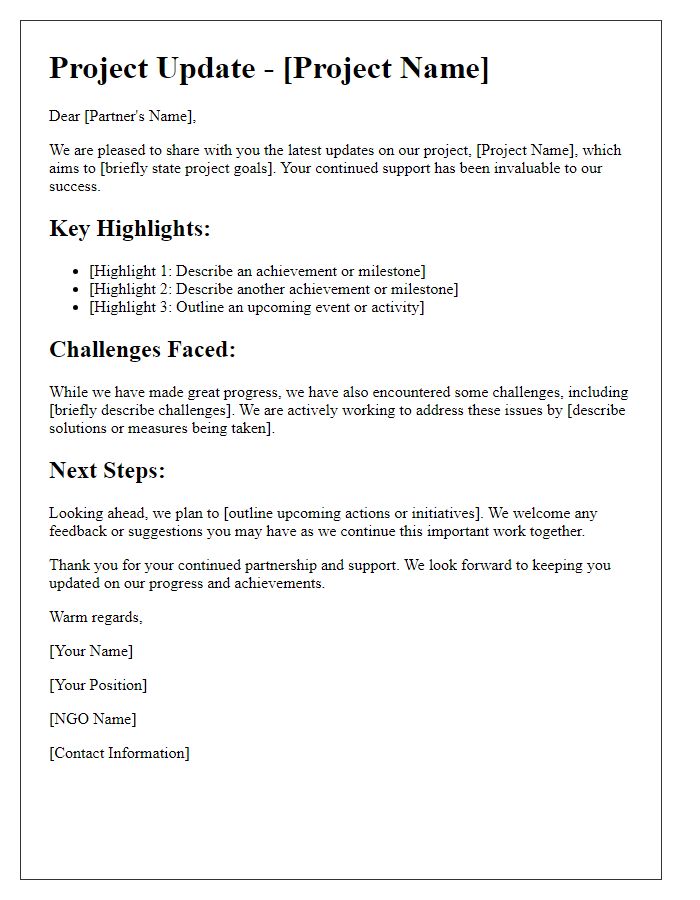 Letter template of NGO project update for partners