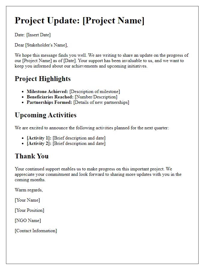 Letter template of NGO project update for stakeholders