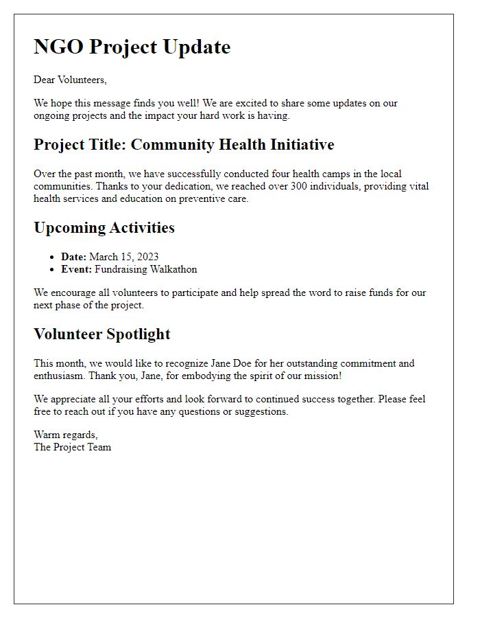 Letter template of NGO project update for volunteers