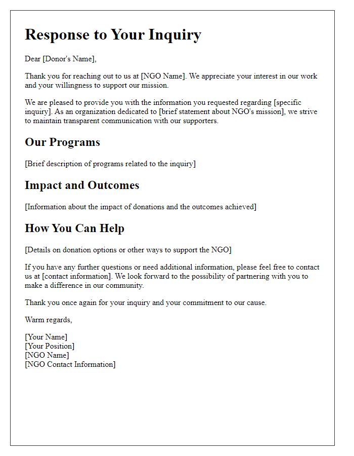 Letter template of NGO inquiry response to donor inquiries