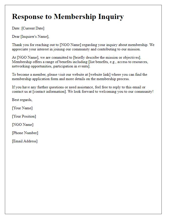 Letter template of NGO inquiry response to membership queries