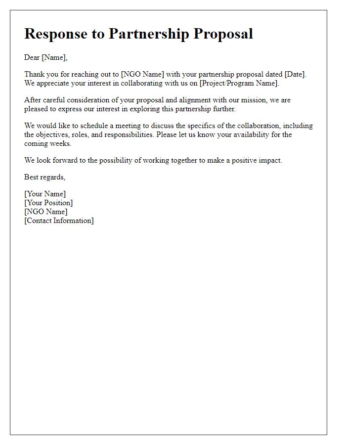 Letter template of NGO inquiry response to partnership proposal