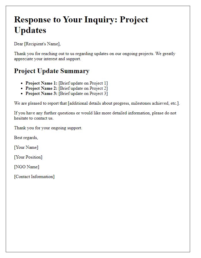 Letter template of NGO inquiry response to project updates