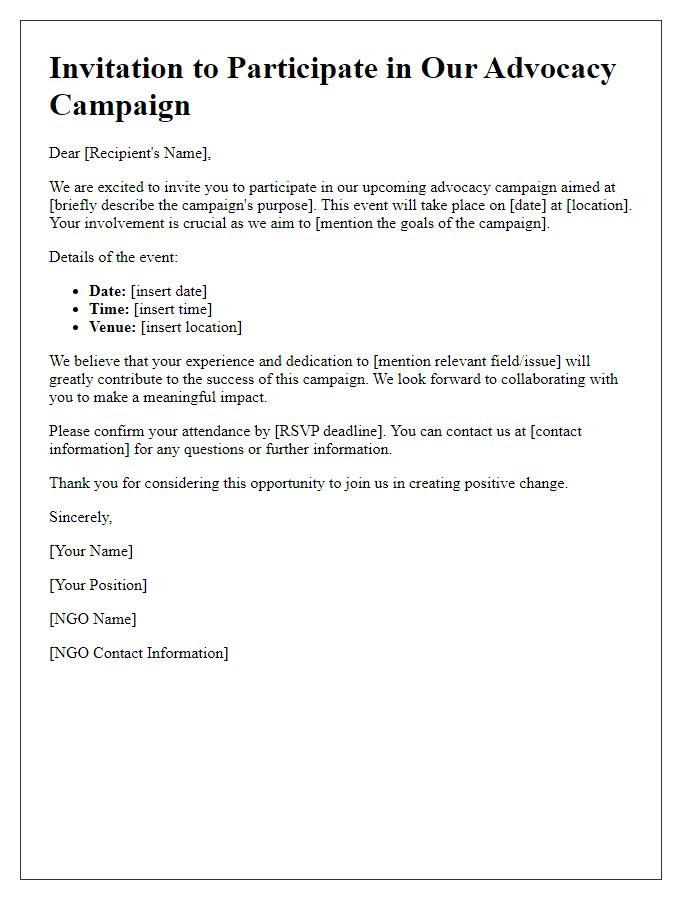 Letter template of invitation for NGO advocacy campaign participation