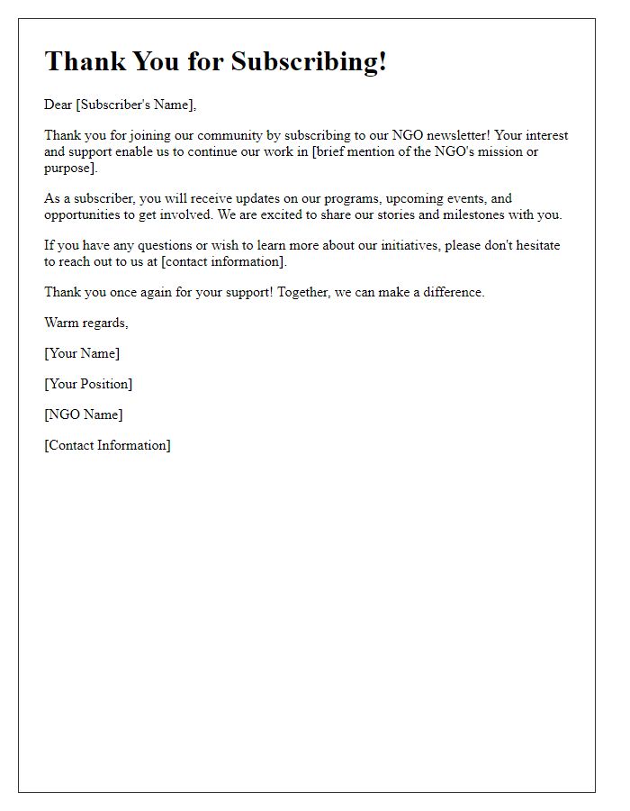 Letter template of Thank You for Subscribing to Our NGO Newsletter