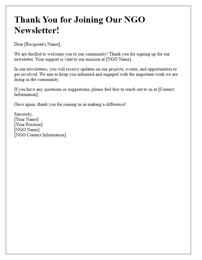 Letter template of Thanks for Joining Our NGO Newsletter