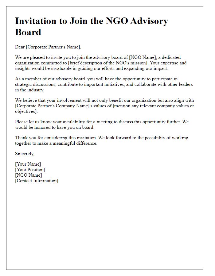 Letter template of NGO advisory board invitation for corporate partners