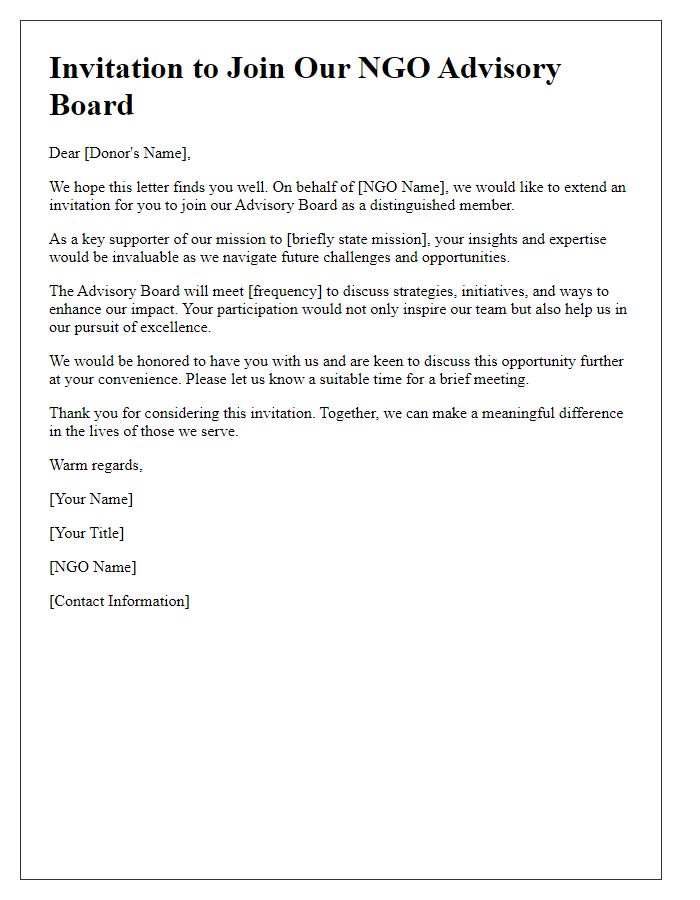 Letter template of NGO advisory board invitation for potential donors