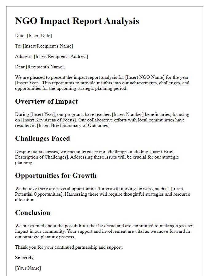 Letter template of NGO impact report analysis for strategic planning