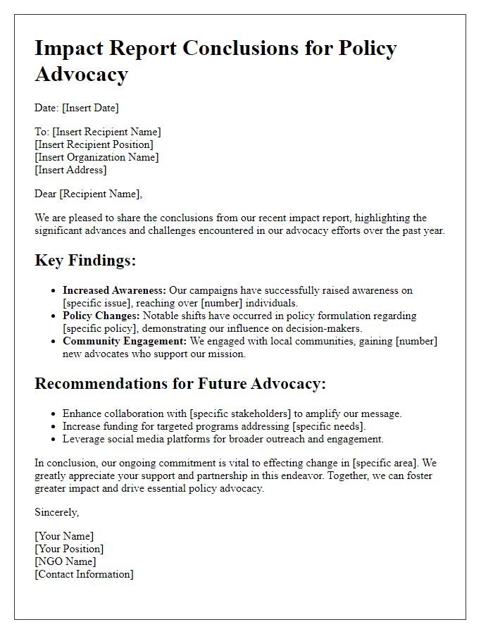 Letter template of NGO impact report conclusions for policy advocacy