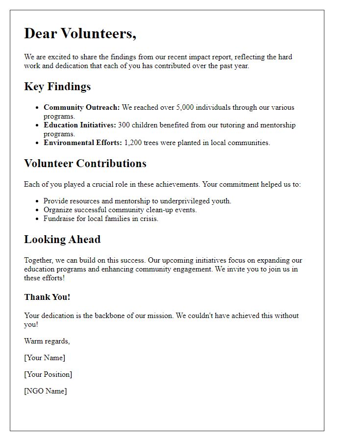 Letter template of NGO impact report findings for volunteers