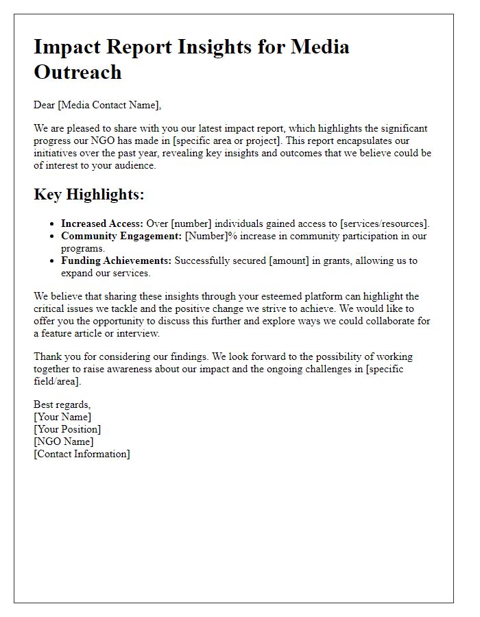 Letter template of NGO impact report insights for media outreach