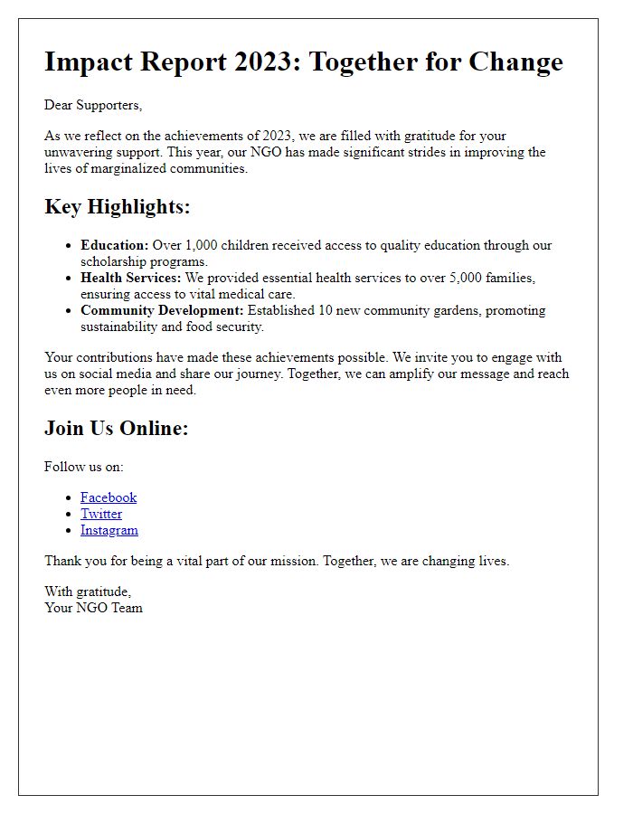 Letter template of NGO impact report narrative for social media engagement