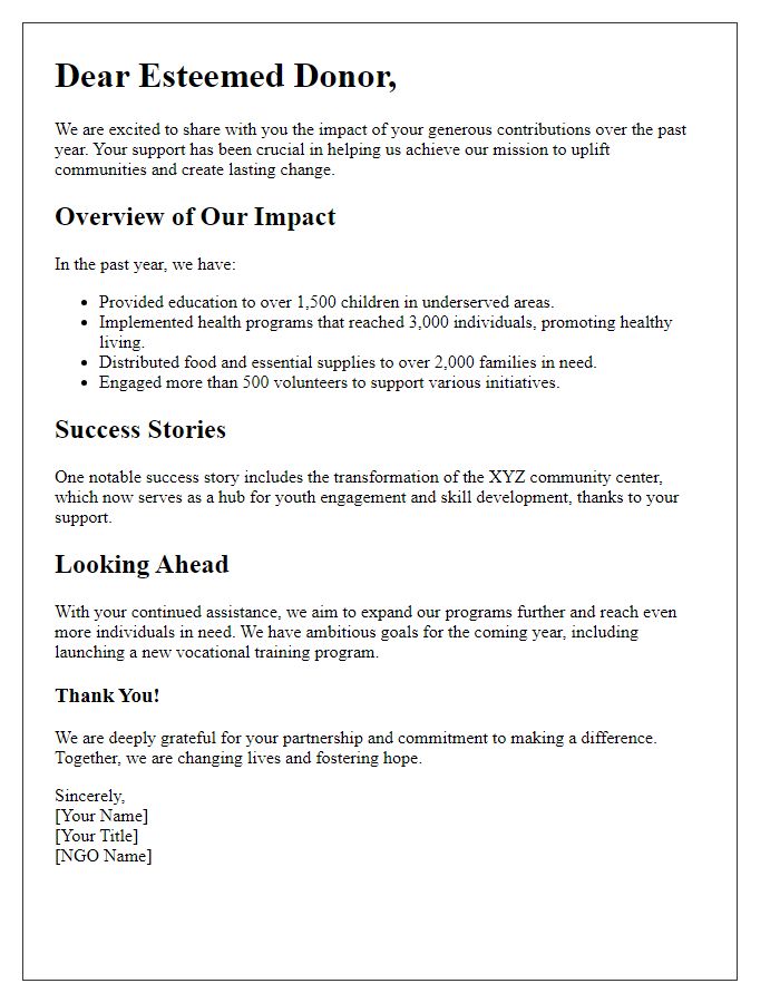 Letter template of NGO impact report overview for donors