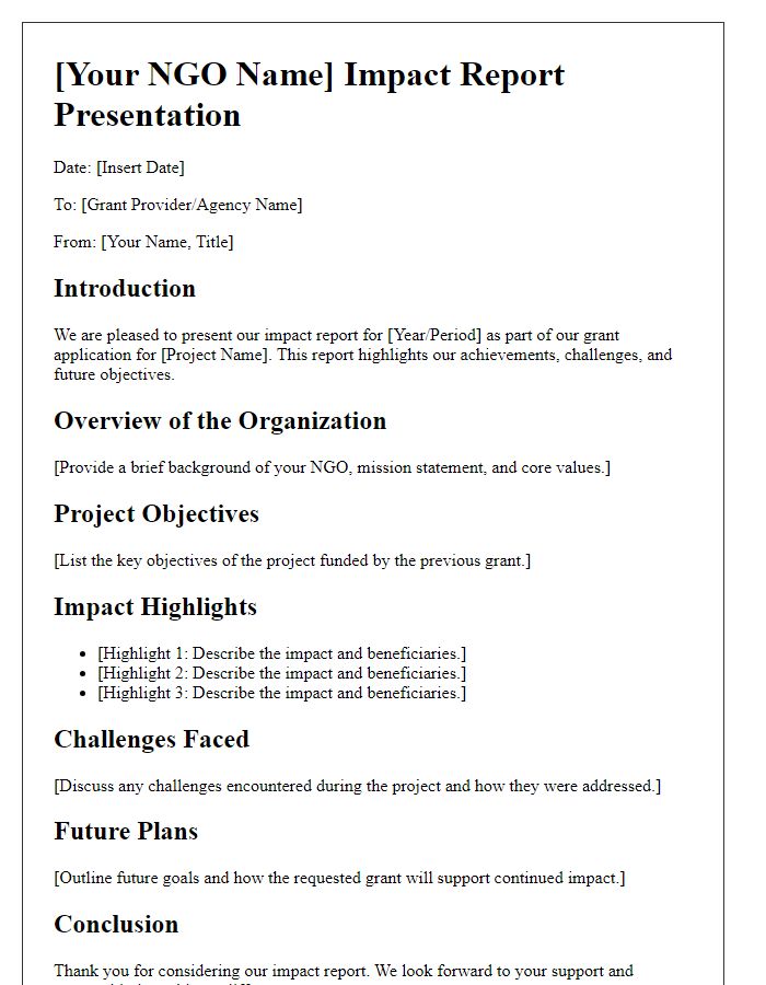 Letter template of NGO impact report presentation for grant applications