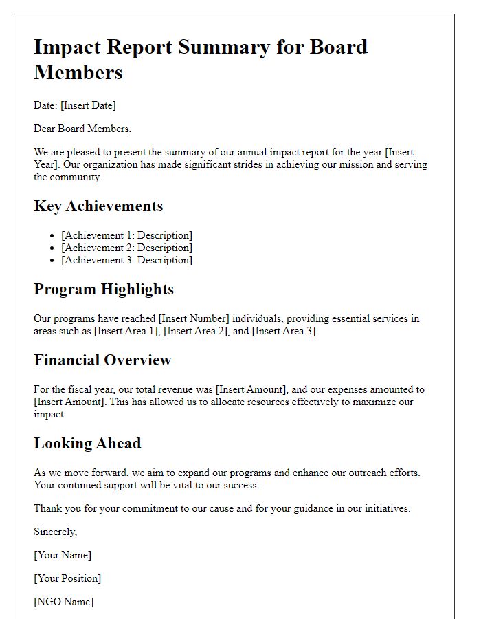 Letter template of NGO impact report summary for board members