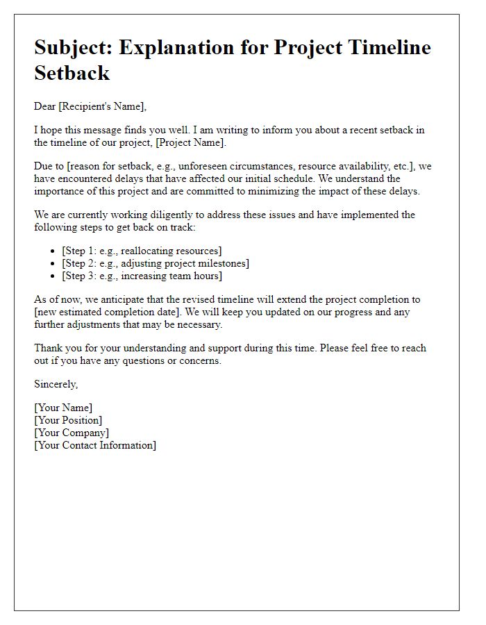 Letter template of explanation for project timeline setback