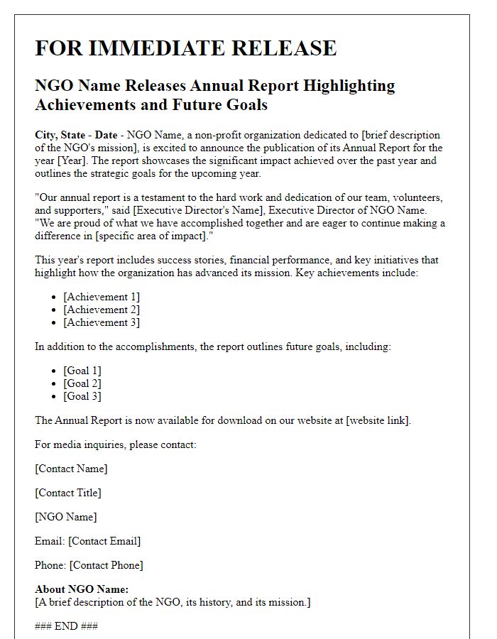 Letter template of NGO press release for annual report publication