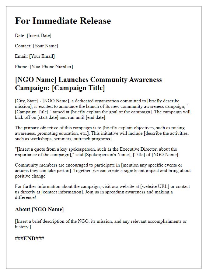 Letter template of NGO press release for community awareness campaign