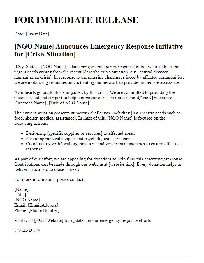 Letter template of NGO press release for emergency response announcement