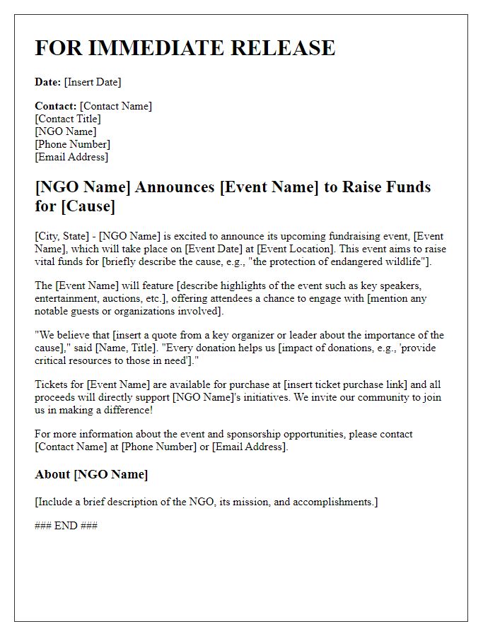 Letter template of NGO press release for fundraising event announcement