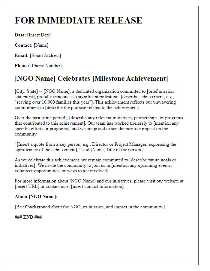 Letter template of NGO press release for milestone achievement