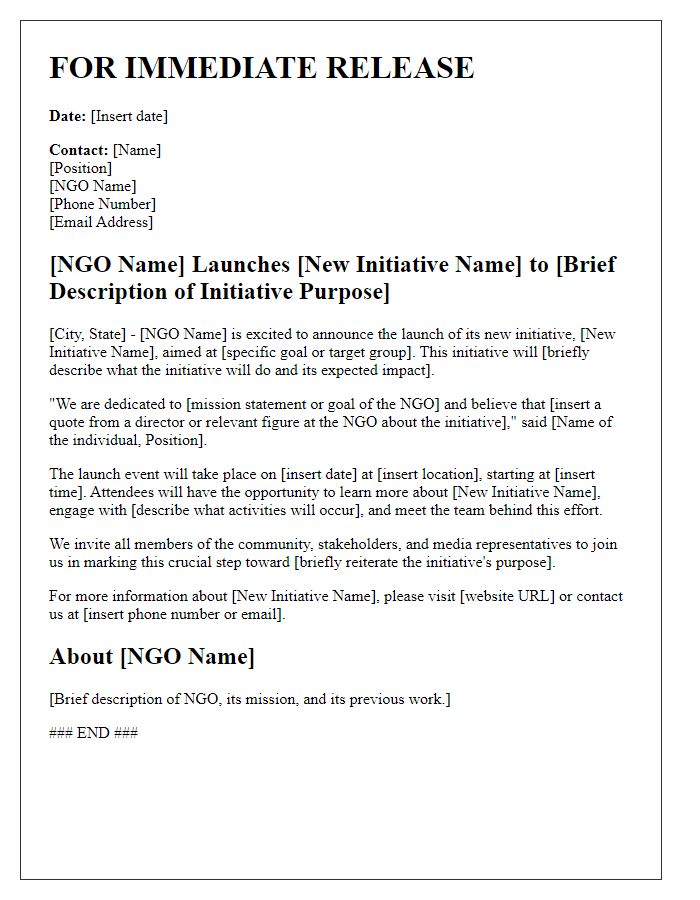 Letter template of NGO press release for new initiative launch