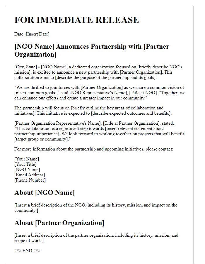 Letter template of NGO press release for partnership collaboration