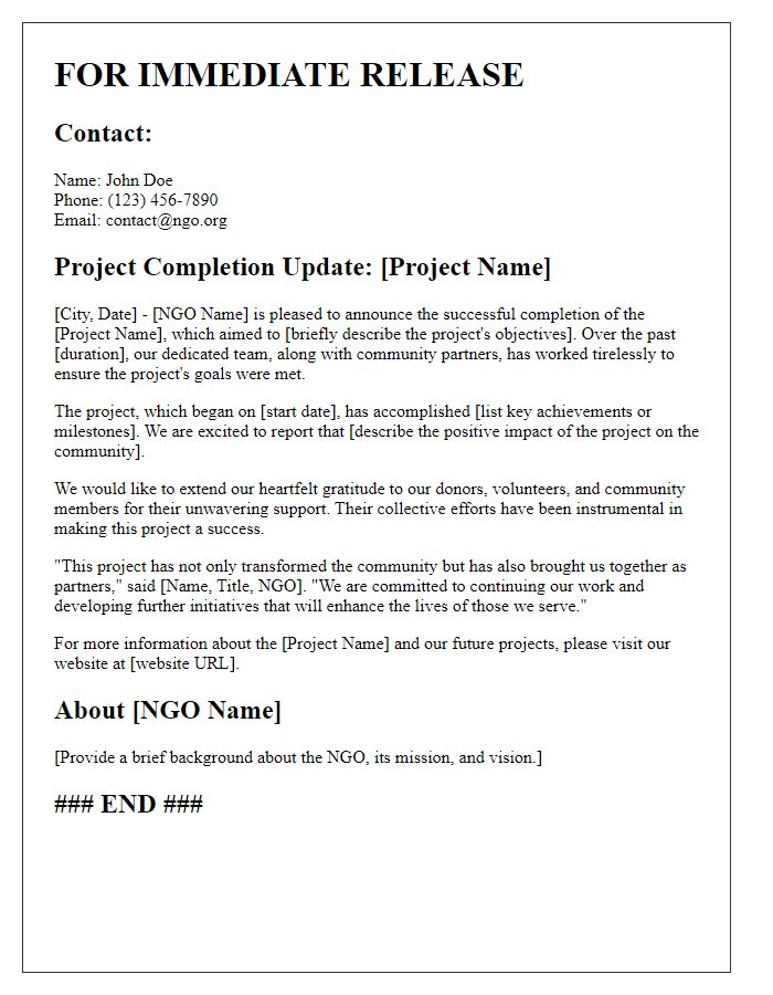 Letter template of NGO press release for project completion update