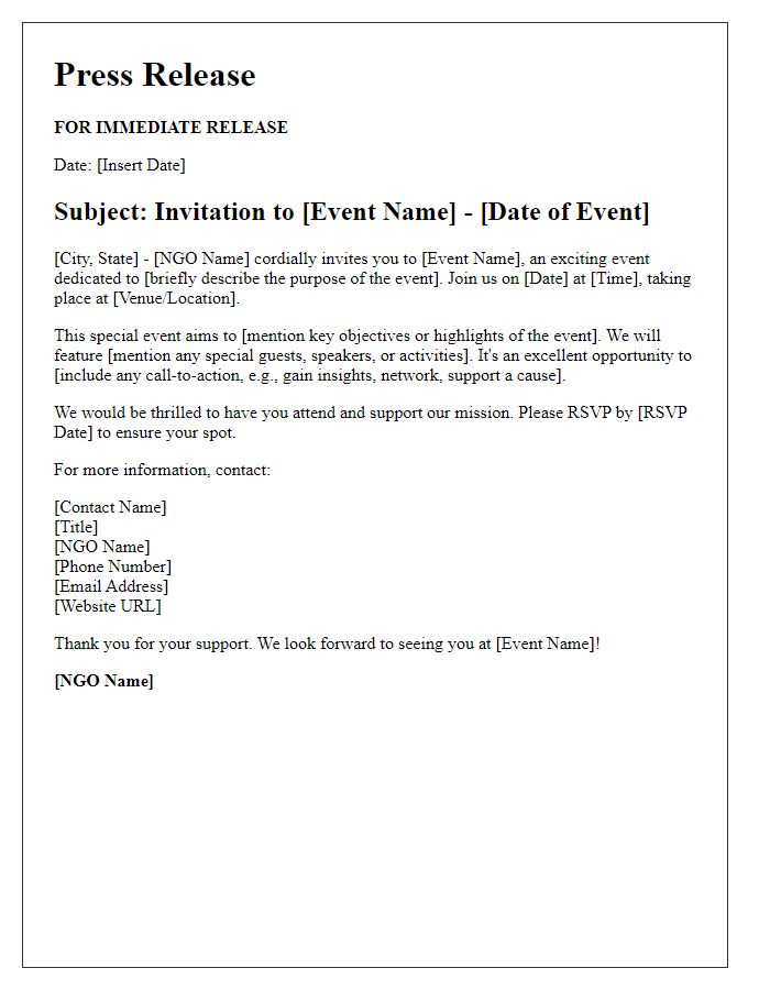 Letter template of NGO press release for special event invitation