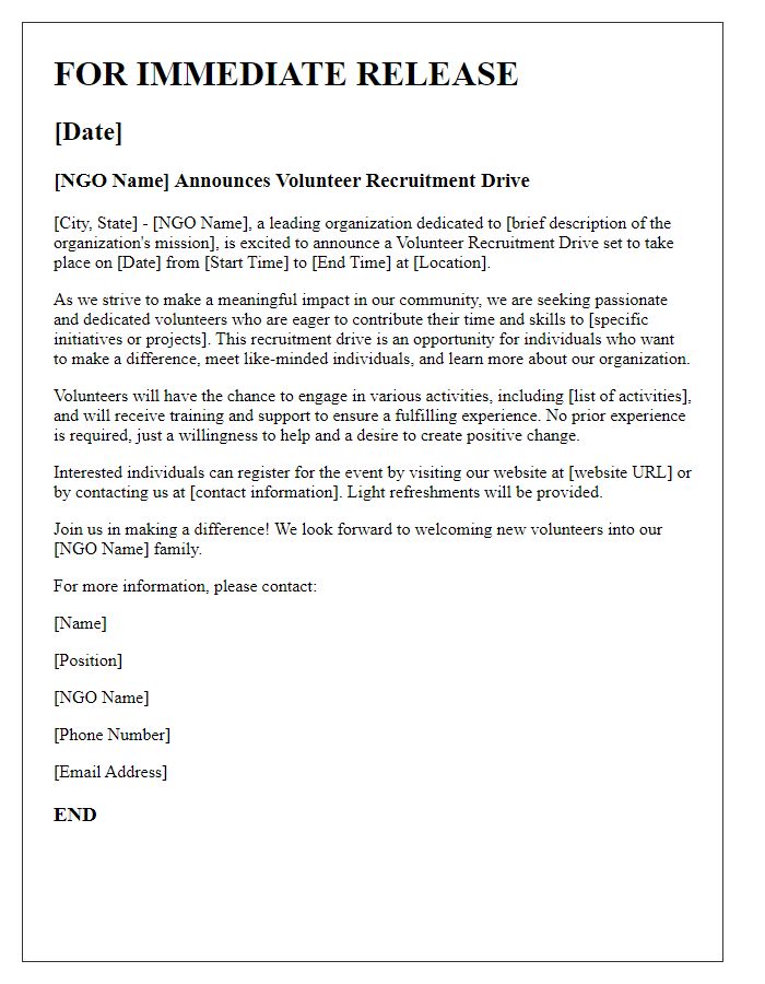 Letter template of NGO press release for volunteer recruitment drive