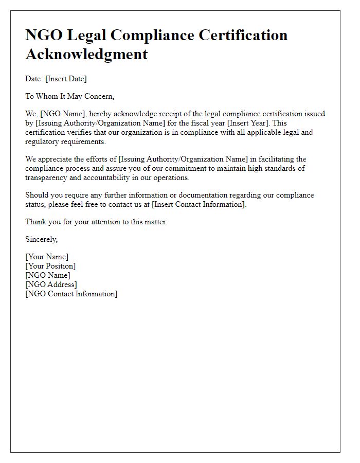 Letter template of NGO legal compliance certification acknowledgment