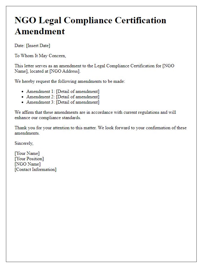 Letter template of NGO legal compliance certification amendment