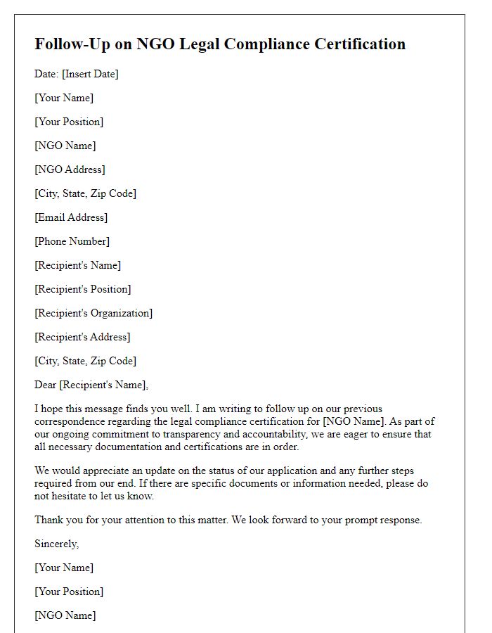 Letter template of NGO legal compliance certification follow-up